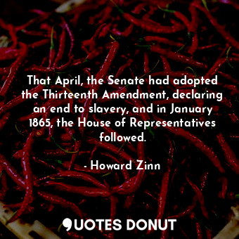 That April, the Senate had adopted the Thirteenth Amendment, declaring an end to slavery, and in January 1865, the House of Representatives followed.