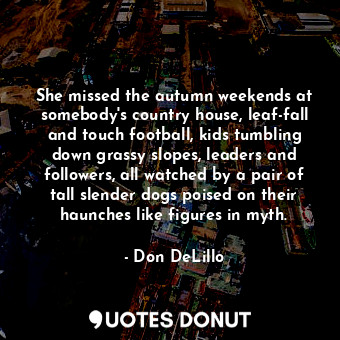 She missed the autumn weekends at somebody's country house, leaf-fall and touch football, kids tumbling down grassy slopes, leaders and followers, all watched by a pair of tall slender dogs poised on their haunches like figures in myth.