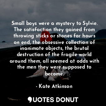 Small boys were a mystery to Sylvie. The satisfaction they gained from throwing sticks or stones for hours on end, the obsessive collection of inanimate objects, the brutal destruction of the fragile world around them, all seemed at odds with the men they were supposed to become.