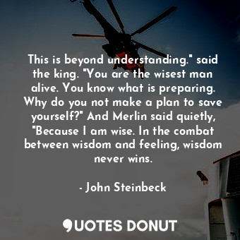This is beyond understanding." said the king. "You are the wisest man alive. You know what is preparing. Why do you not make a plan to save yourself?" And Merlin said quietly, "Because I am wise. In the combat between wisdom and feeling, wisdom never wins.