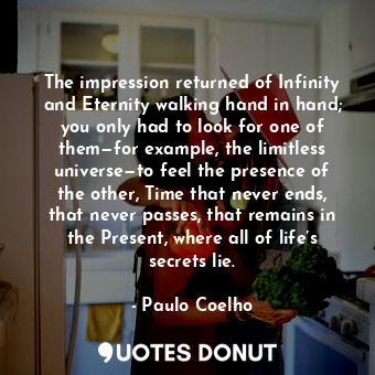 The impression returned of Infinity and Eternity walking hand in hand; you only had to look for one of them—for example, the limitless universe—to feel the presence of the other, Time that never ends, that never passes, that remains in the Present, where all of life’s secrets lie.