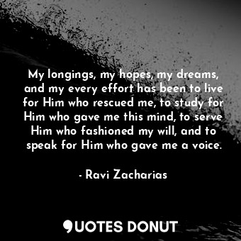 My longings, my hopes, my dreams, and my every effort has been to live for Him who rescued me, to study for Him who gave me this mind, to serve Him who fashioned my will, and to speak for Him who gave me a voice.