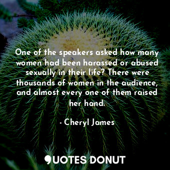 One of the speakers asked how many women had been harassed or abused sexually in their life? There were thousands of women in the audience, and almost every one of them raised her hand.