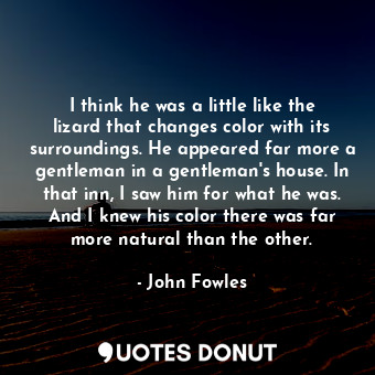 I think he was a little like the lizard that changes color with its surroundings. He appeared far more a gentleman in a gentleman's house. In that inn, I saw him for what he was. And I knew his color there was far more natural than the other.