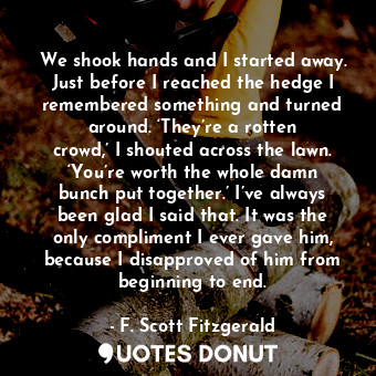 We shook hands and I started away. Just before I reached the hedge I remembered something and turned around. ‘They’re a rotten crowd,’ I shouted across the lawn. ‘You’re worth the whole damn bunch put together.’ I’ve always been glad I said that. It was the only compliment I ever gave him, because I disapproved of him from beginning to end.