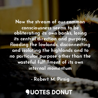 Now the stream of our common consciousness seems to be obliterating its own banks, losing its central direction and purpose, flooding the lowlands, disconnecting and isolating the highlands and to no particular purpose other than the wasteful fulfillment of its own internal momentum