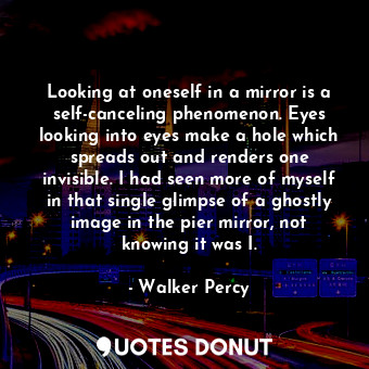 Looking at oneself in a mirror is a self-canceling phenomenon. Eyes looking into eyes make a hole which spreads out and renders one invisible. I had seen more of myself in that single glimpse of a ghostly image in the pier mirror, not knowing it was I.