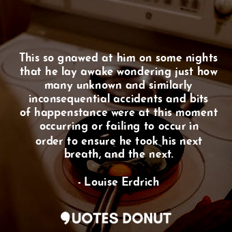 This so gnawed at him on some nights that he lay awake wondering just how many unknown and similarly inconsequential accidents and bits of happenstance were at this moment occurring or failing to occur in order to ensure he took his next breath, and the next.