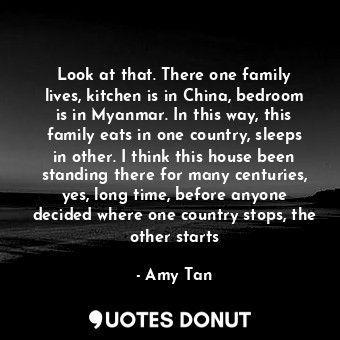 Look at that. There one family lives, kitchen is in China, bedroom is in Myanmar... - Amy Tan - Quotes Donut
