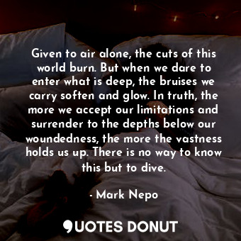  Given to air alone, the cuts of this world burn. But when we dare to enter what ... - Mark Nepo - Quotes Donut