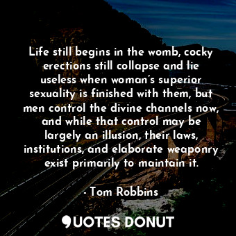 Life still begins in the womb, cocky erections still collapse and lie useless when woman’s superior sexuality is finished with them, but men control the divine channels now, and while that control may be largely an illusion, their laws, institutions, and elaborate weaponry exist primarily to maintain it.