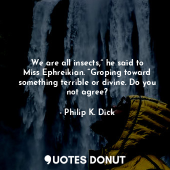 We are all insects,” he said to Miss Ephreikian. “Groping toward something terrible or divine. Do you not agree?