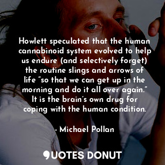 Howlett speculated that the human cannabinoid system evolved to help us endure (and selectively forget) the routine slings and arrows of life “so that we can get up in the morning and do it all over again.” It is the brain’s own drug for coping with the human condition.