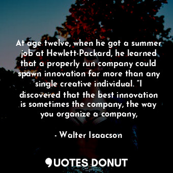 At age twelve, when he got a summer job at Hewlett-Packard, he learned that a properly run company could spawn innovation far more than any single creative individual. “I discovered that the best innovation is sometimes the company, the way you organize a company,