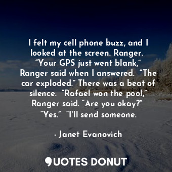 I felt my cell phone buzz, and I looked at the screen. Ranger.  “Your GPS just went blank,” Ranger said when I answered.  “The car exploded.” There was a beat of silence.  “Rafael won the pool,” Ranger said. “Are you okay?”  “Yes.”  “I’ll send someone.