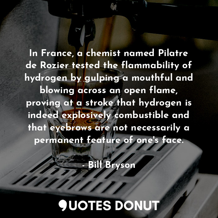 In France, a chemist named Pilatre de Rozier tested the flammability of hydrogen by gulping a mouthful and blowing across an open flame, proving at a stroke that hydrogen is indeed explosively combustible and that eyebrows are not necessarily a permanent feature of one's face.