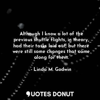  Although I know a lot of the previous shuttle flights, in theory, had their task... - Linda M. Godwin - Quotes Donut