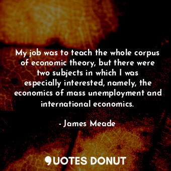 My job was to teach the whole corpus of economic theory, but there were two subjects in which I was especially interested, namely, the economics of mass unemployment and international economics.