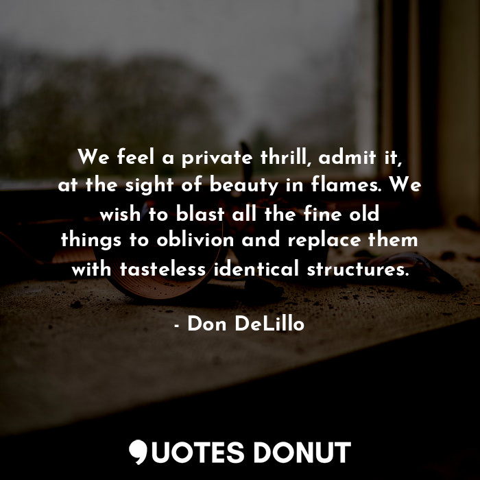  We feel a private thrill, admit it, at the sight of beauty in flames. We wish to... - Don DeLillo - Quotes Donut