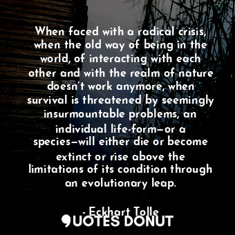 When faced with a radical crisis, when the old way of being in the world, of interacting with each other and with the realm of nature doesn’t work anymore, when survival is threatened by seemingly insurmountable problems, an individual life-form—or a species—will either die or become extinct or rise above the limitations of its condition through an evolutionary leap.