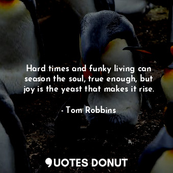 Hard times and funky living can season the soul, true enough, but joy is the yeast that makes it rise.