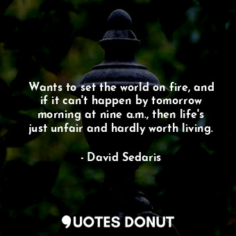 Wants to set the world on fire, and if it can't happen by tomorrow morning at nine a.m., then life's just unfair and hardly worth living.