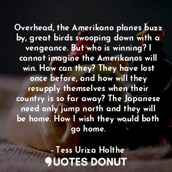  Overhead, the Amerikano planes buzz by, great birds swooping down with a vengean... - Tess Uriza Holthe - Quotes Donut