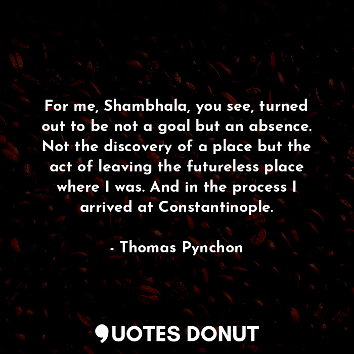 For me, Shambhala, you see, turned out to be not a goal but an absence. Not the discovery of a place but the act of leaving the futureless place where I was. And in the process I arrived at Constantinople.