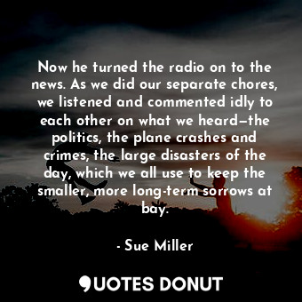 Now he turned the radio on to the news. As we did our separate chores, we listened and commented idly to each other on what we heard—the politics, the plane crashes and crimes, the large disasters of the day, which we all use to keep the smaller, more long-term sorrows at bay.