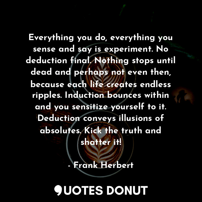 Everything you do, everything you sense and say is experiment. No deduction final. Nothing stops until dead and perhaps not even then, because each life creates endless ripples. Induction bounces within and you sensitize yourself to it. Deduction conveys illusions of absolutes. Kick the truth and shatter it!