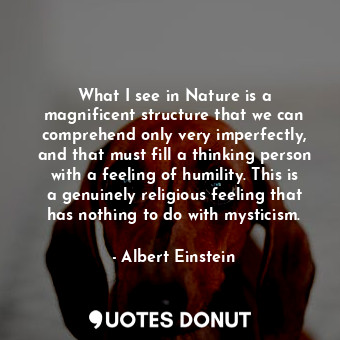 What I see in Nature is a magnificent structure that we can comprehend only very imperfectly, and that must fill a thinking person with a feeling of humility. This is a genuinely religious feeling that has nothing to do with mysticism.