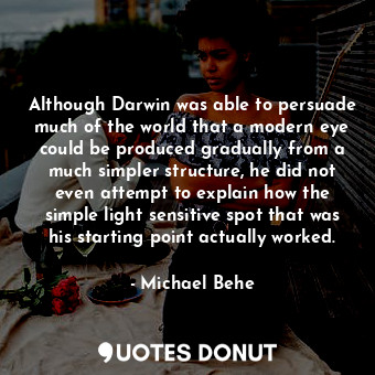 Although Darwin was able to persuade much of the world that a modern eye could be produced gradually from a much simpler structure, he did not even attempt to explain how the simple light sensitive spot that was his starting point actually worked.