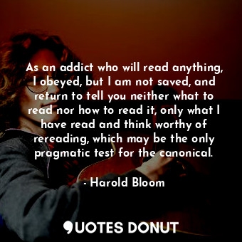 As an addict who will read anything, I obeyed, but I am not saved, and return to tell you neither what to read nor how to read it, only what I have read and think worthy of rereading, which may be the only pragmatic test for the canonical.