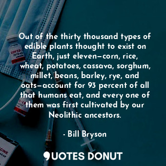 Out of the thirty thousand types of edible plants thought to exist on Earth, just eleven—corn, rice, wheat, potatoes, cassava, sorghum, millet, beans, barley, rye, and oats—account for 93 percent of all that humans eat, and every one of them was first cultivated by our Neolithic ancestors.