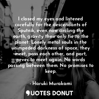 I closed my eyes and listened carefully for the descendants of Sputnik, even now circling the earth, gravity their only tie to the planet. Lonely metal souls in the unimpeded darkness of space, they meet, pass each other, and part, never to meet again. No words passing between them. No promises to keep.