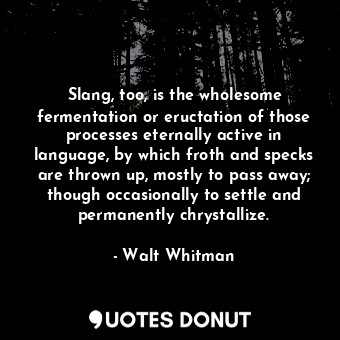 Slang, too, is the wholesome fermentation or eructation of those processes eternally active in language, by which froth and specks are thrown up, mostly to pass away; though occasionally to settle and permanently chrystallize.