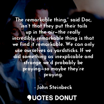 The remarkable thing,” said Doc, “isn’t that they put their tails up in the air—the really incredibly remarkable thing is that we find it remarkable. We can only use ourselves as yardsticks. If we did something as inexplicable and strange we’d probably be praying—so maybe they’re praying.