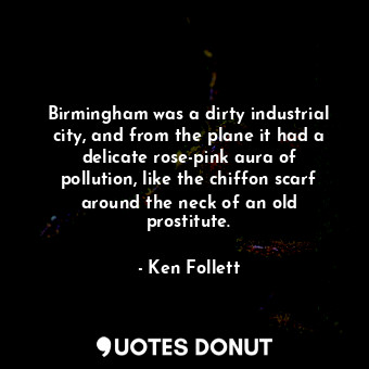 Birmingham was a dirty industrial city, and from the plane it had a delicate rose-pink aura of pollution, like the chiffon scarf around the neck of an old prostitute.