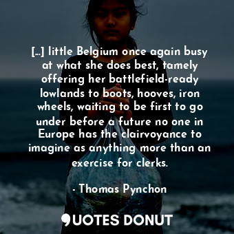 [...] little Belgium once again busy at what she does best, tamely offering her battlefield-ready lowlands to boots, hooves, iron wheels, waiting to be first to go under before a future no one in Europe has the clairvoyance to imagine as anything more than an exercise for clerks.