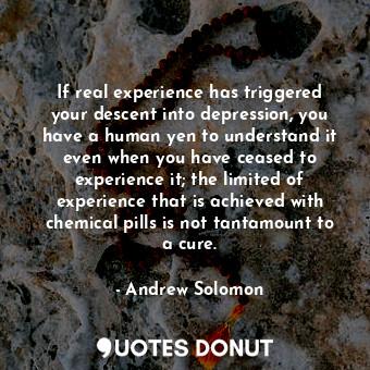 If real experience has triggered your descent into depression, you have a human yen to understand it even when you have ceased to experience it; the limited of experience that is achieved with chemical pills is not tantamount to a cure.