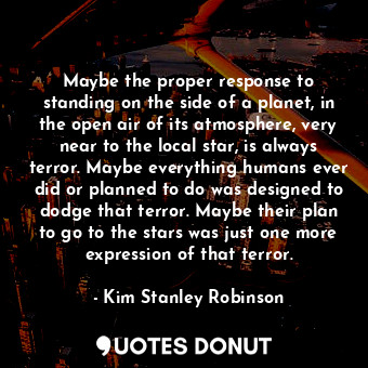 Maybe the proper response to standing on the side of a planet, in the open air of its atmosphere, very near to the local star, is always terror. Maybe everything humans ever did or planned to do was designed to dodge that terror. Maybe their plan to go to the stars was just one more expression of that terror.