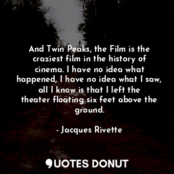 And Twin Peaks, the Film is the craziest film in the history of cinema. I have no idea what happened, I have no idea what I saw, all I know is that I left the theater floating six feet above the ground.