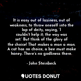 It is easy out of laziness, out of weakness, to throw oneself into the lap of deity, saying, ‘I couldn’t help it; the way was set.’ But think of the glory of the choice! That makes a man a man. A cat has no choice, a bee must make honey. There’s no godliness there.