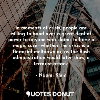 in moments of crisis, people are willing to hand over a great deal of power to anyone who claims to have a magic cure—whether the crisis is a financial meltdown or, as the Bush administration would later show, a terrorist attack.