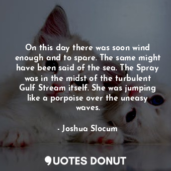 On this day there was soon wind enough and to spare. The same might have been said of the sea. The Spray was in the midst of the turbulent Gulf Stream itself. She was jumping like a porpoise over the uneasy waves.