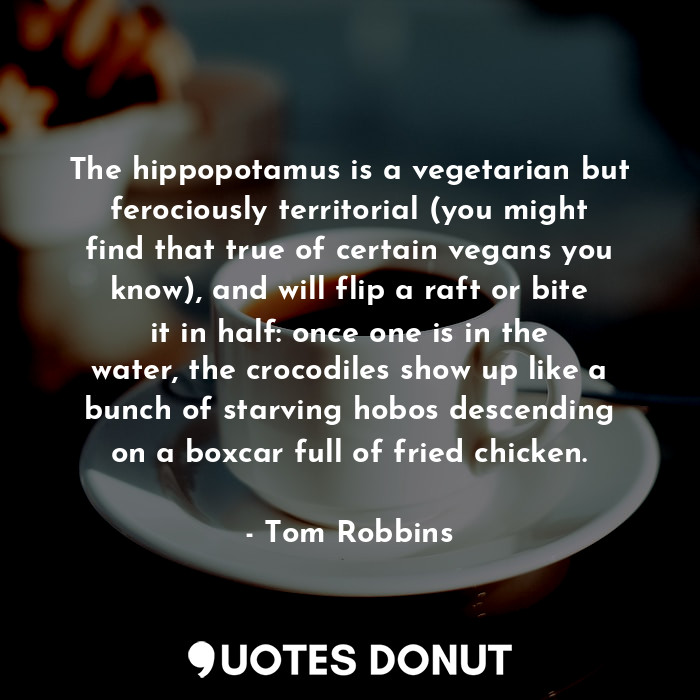  The hippopotamus is a vegetarian but ferociously territorial (you might find tha... - Tom Robbins - Quotes Donut