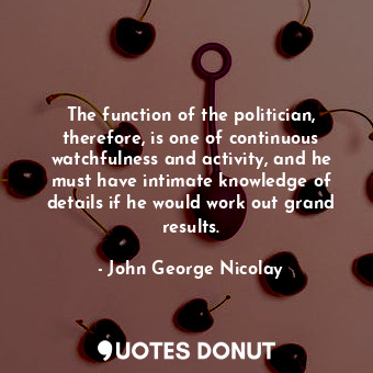 The function of the politician, therefore, is one of continuous watchfulness and activity, and he must have intimate knowledge of details if he would work out grand results.