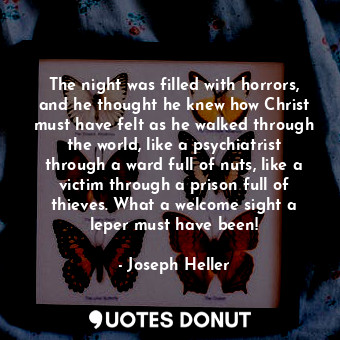 The night was filled with horrors, and he thought he knew how Christ must have felt as he walked through the world, like a psychiatrist through a ward full of nuts, like a victim through a prison full of thieves. What a welcome sight a leper must have been!