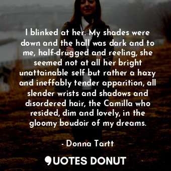  I blinked at her. My shades were down and the hall was dark and to me, half-drug... - Donna Tartt - Quotes Donut