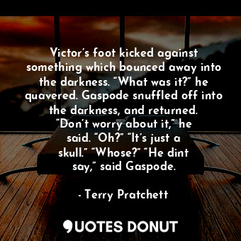  Victor’s foot kicked against something which bounced away into the darkness. “Wh... - Terry Pratchett - Quotes Donut
